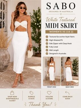 SABO White Textured Midi Skirt – Women’s XS (US 2) – Designed in Australia